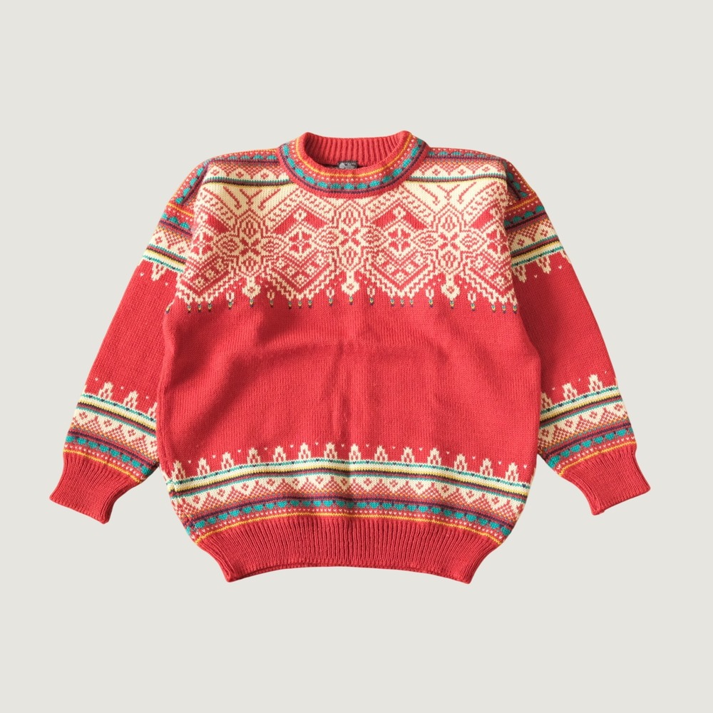 Dale of Norway Sweater Nordic Fair Isle Red Pure New Wool Pullover Size L Vtg